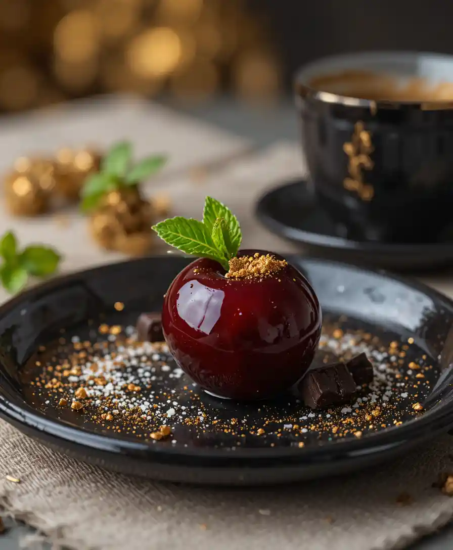 Dessert alla ciliegia con cioccolato e caffè su piatto nero