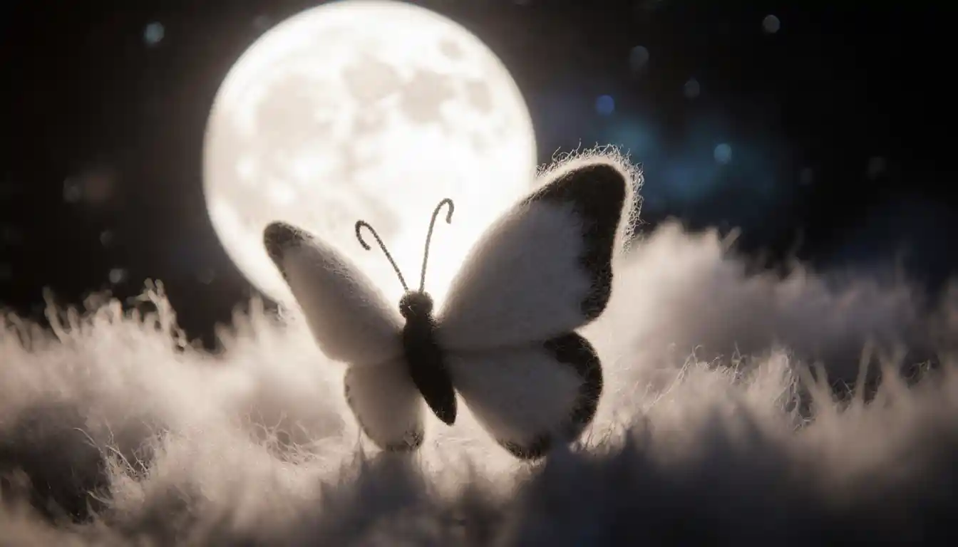 Woolen Butterfly Miniature Under A Glowing Full Moon
