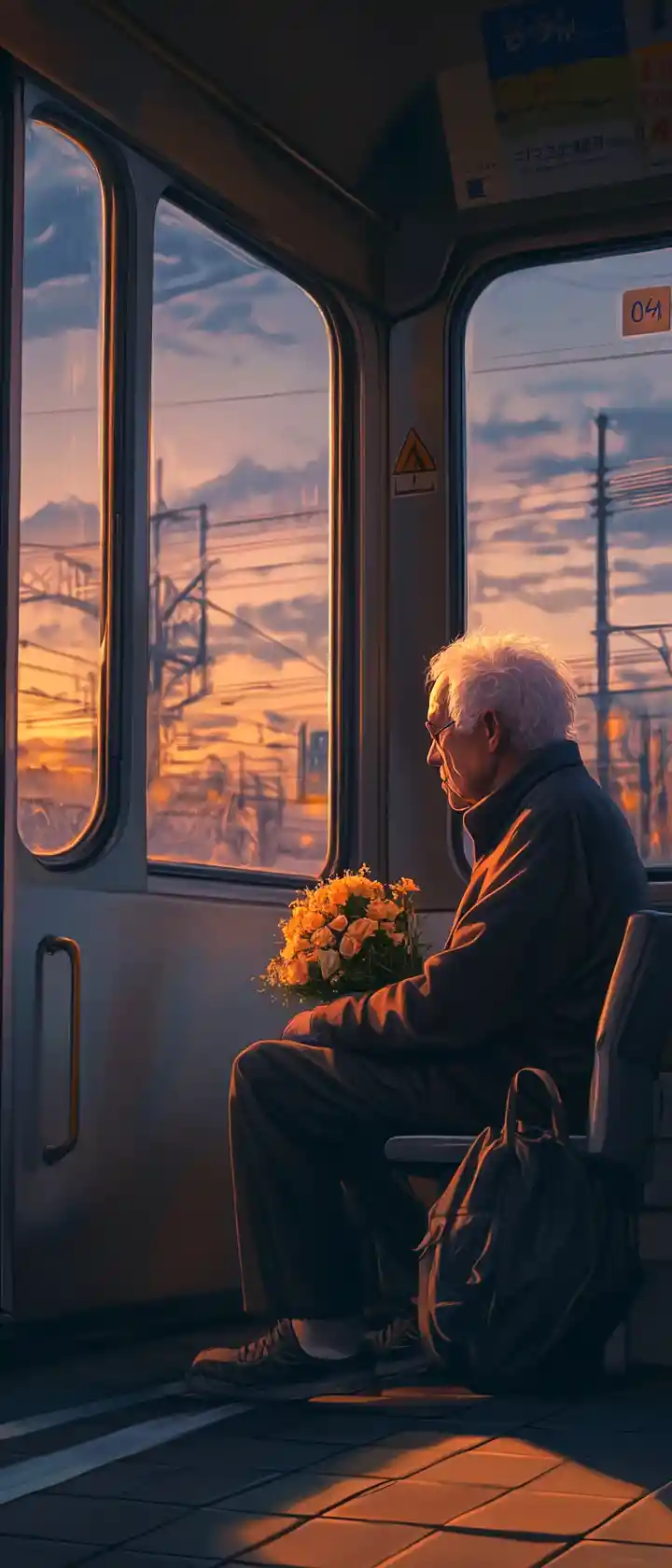 Älterer Mann mit verwelkten Blumen auf einsamem Bahnsteig