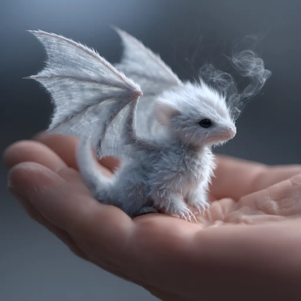 Winziger flauschiger Winterdrache, der in einer Menschenhand ruht