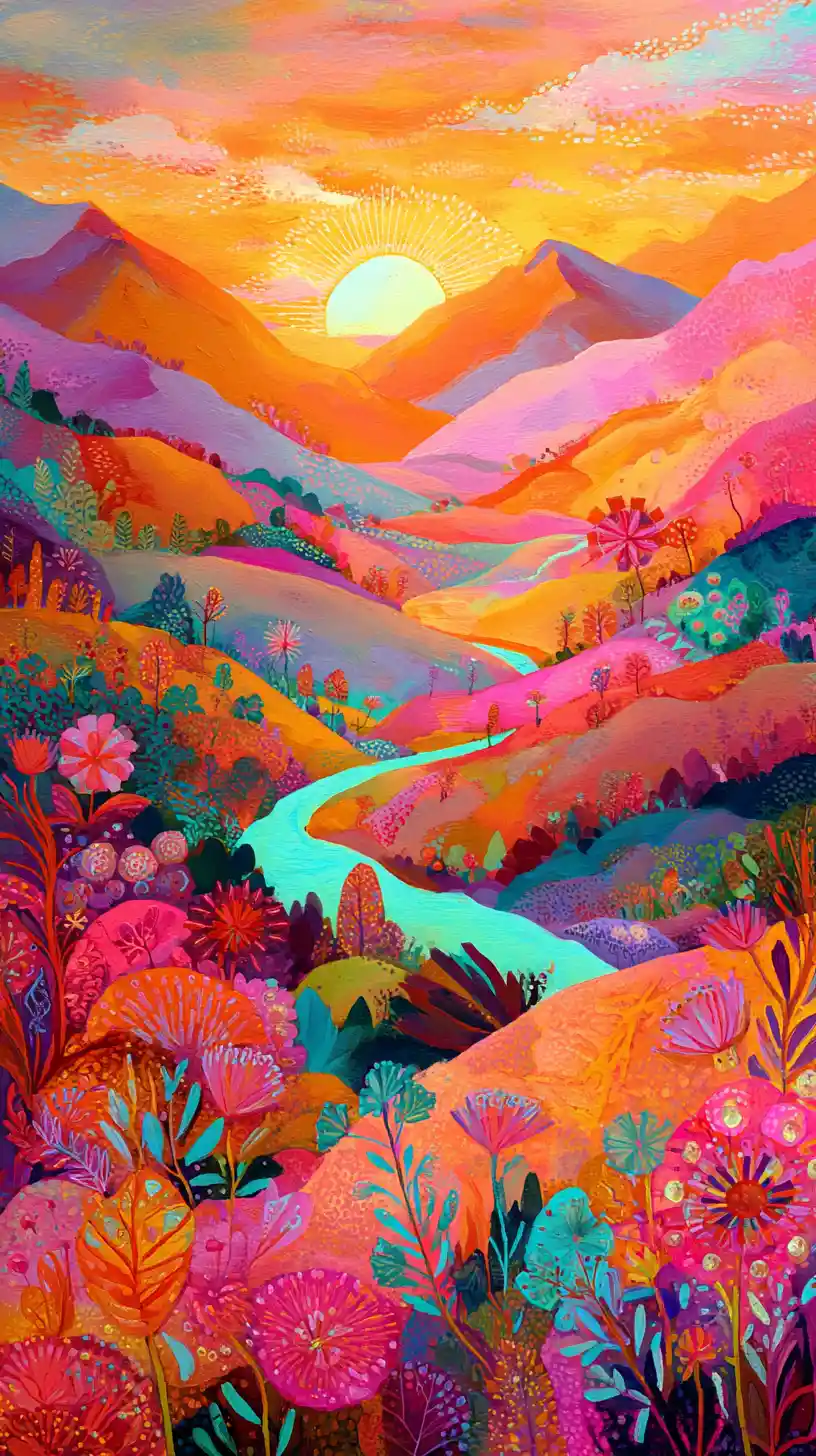 Paesaggio montano fiabesco al tramonto con fiori in fiore