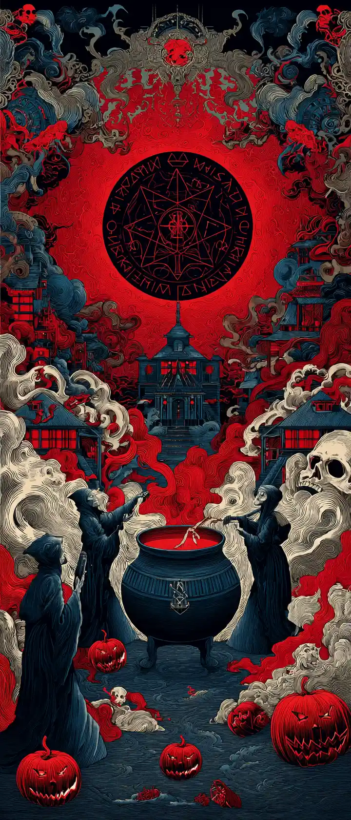 Witches Dancing Around A Cauldron Under A Crimson Moon