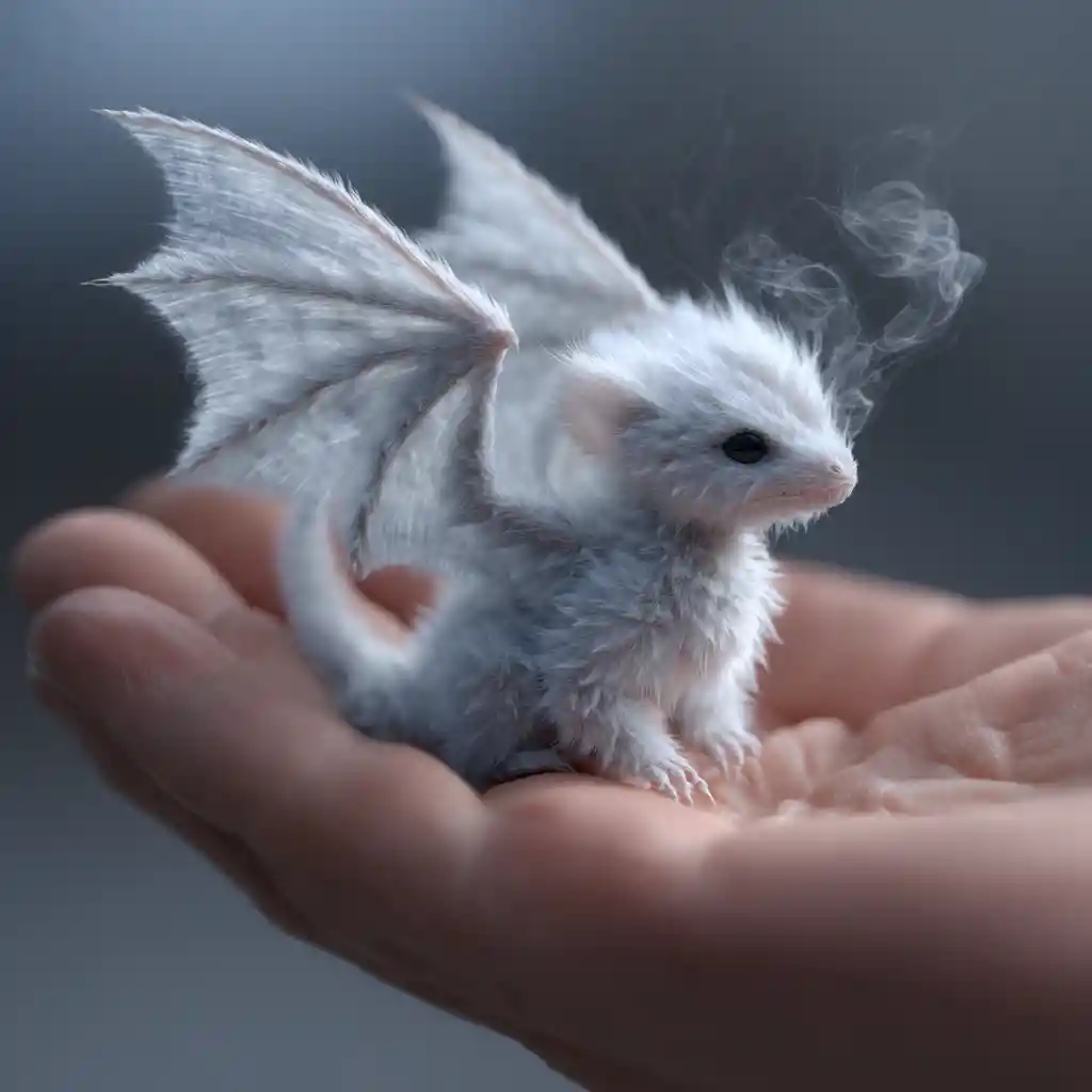 Tiny fluffy winter dragon resting in a human hand