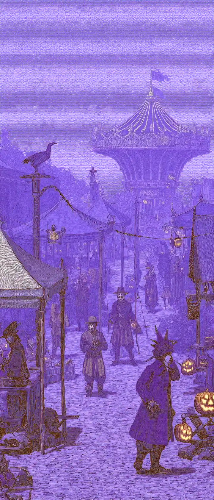 Eerie crow carnival at a foggy lantern lit fairground