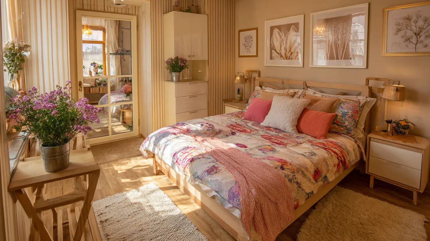 Gemütliche Schlafecke mit buntem Bett und vielen Blumen