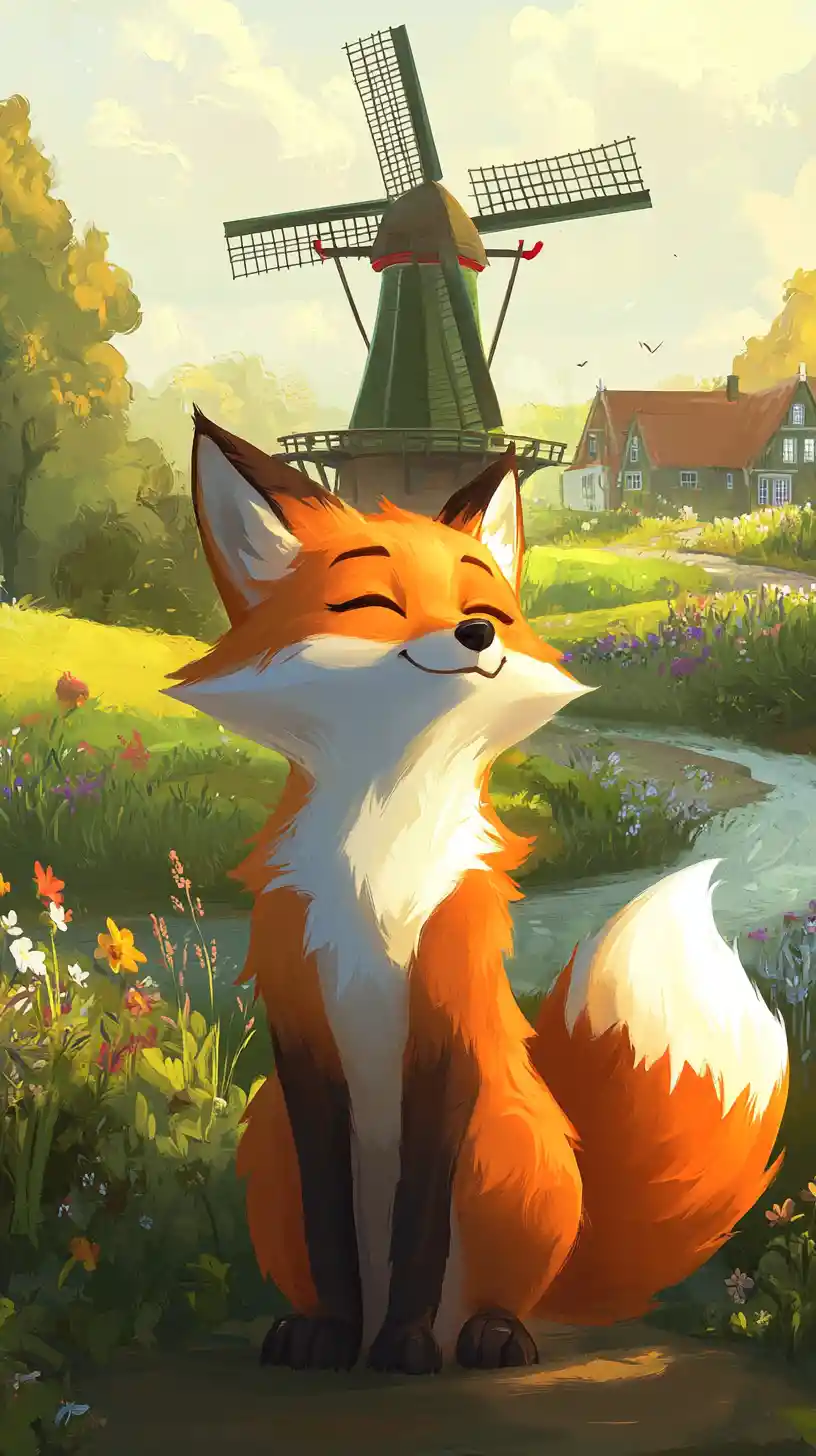 Fröhlicher Cartoon-Fuchs in einer niederländischen Landschaft