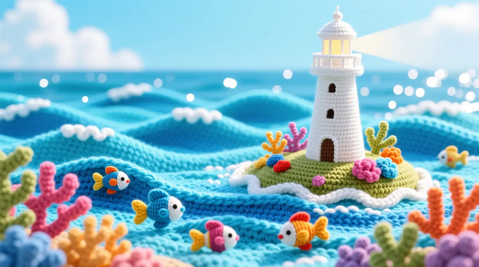 毛線海浪與珊瑚礁燈塔場景