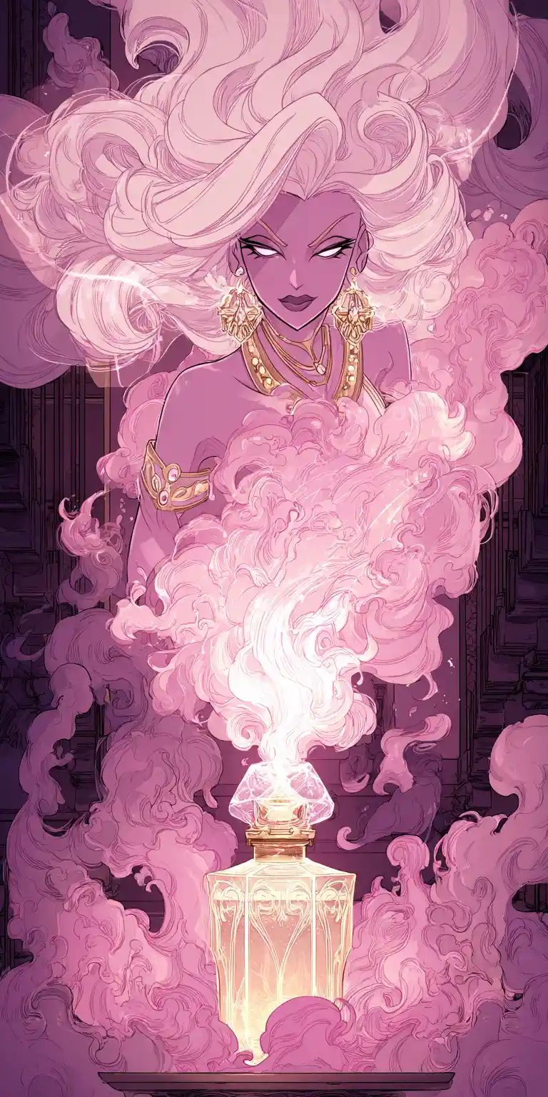 Genio dai Capelli Rosa che Emerge da un Flacone di Profumo Luminoso