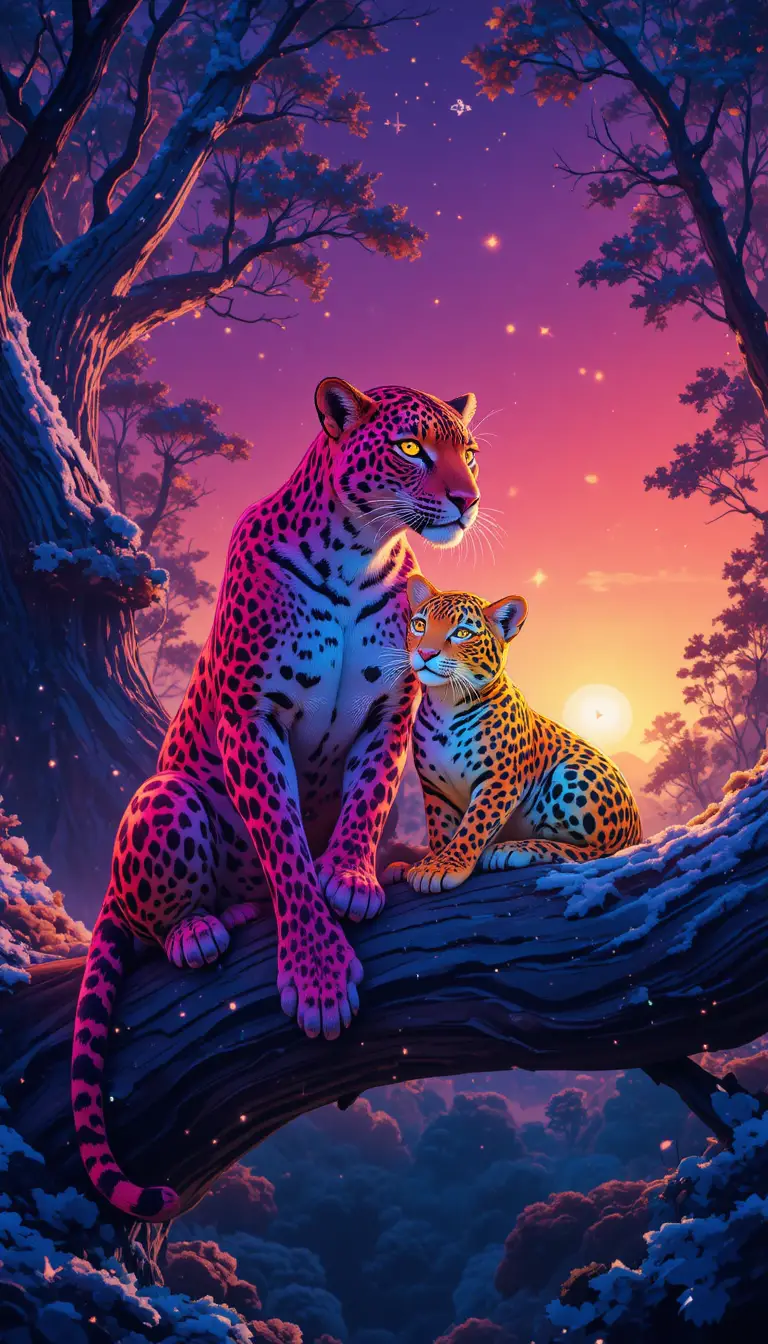 Leopardo adulto e cucciolo che riposano su un ramo luminoso della foresta