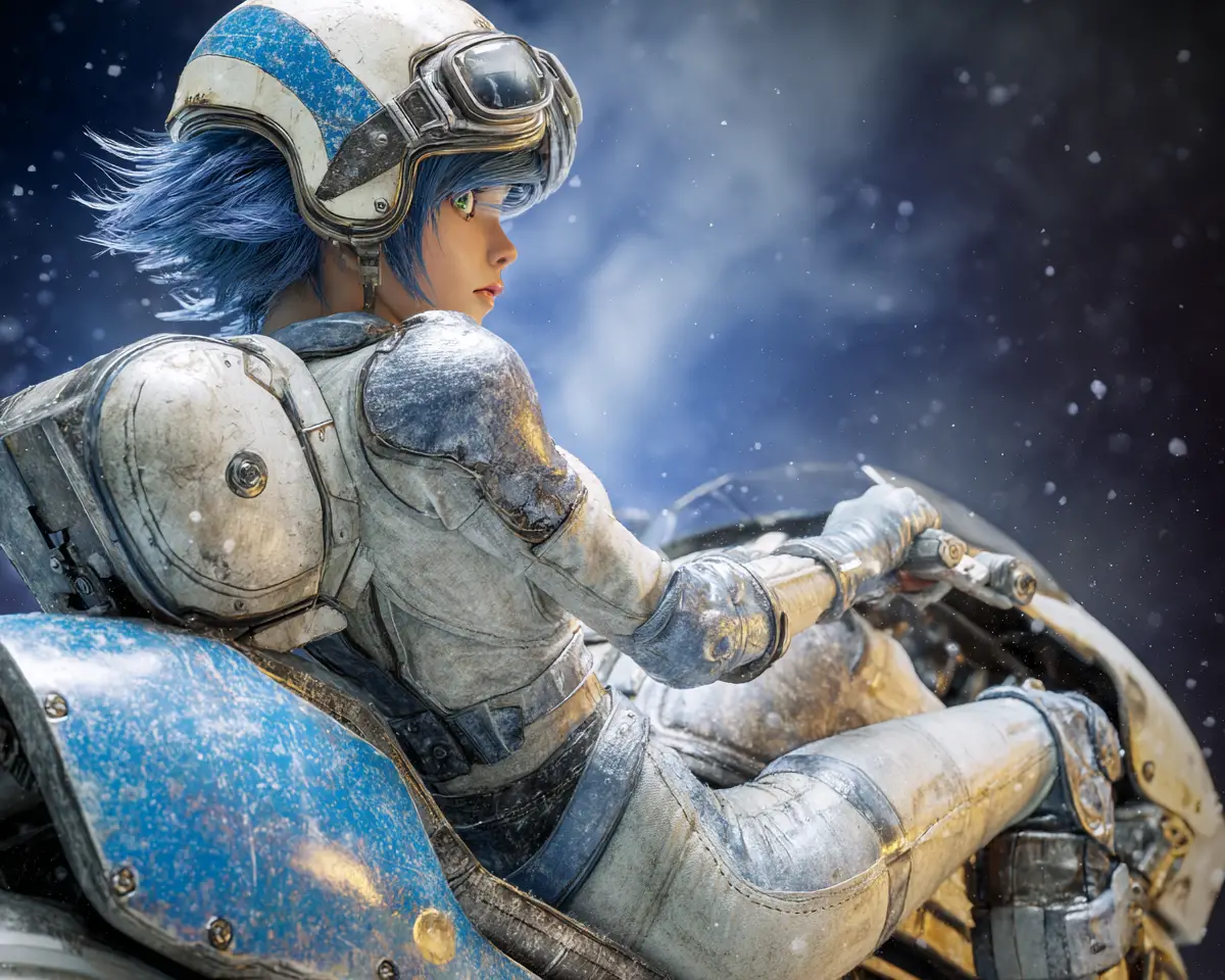 Femme d’anime chevauchant une moto spatiale à travers la galaxie