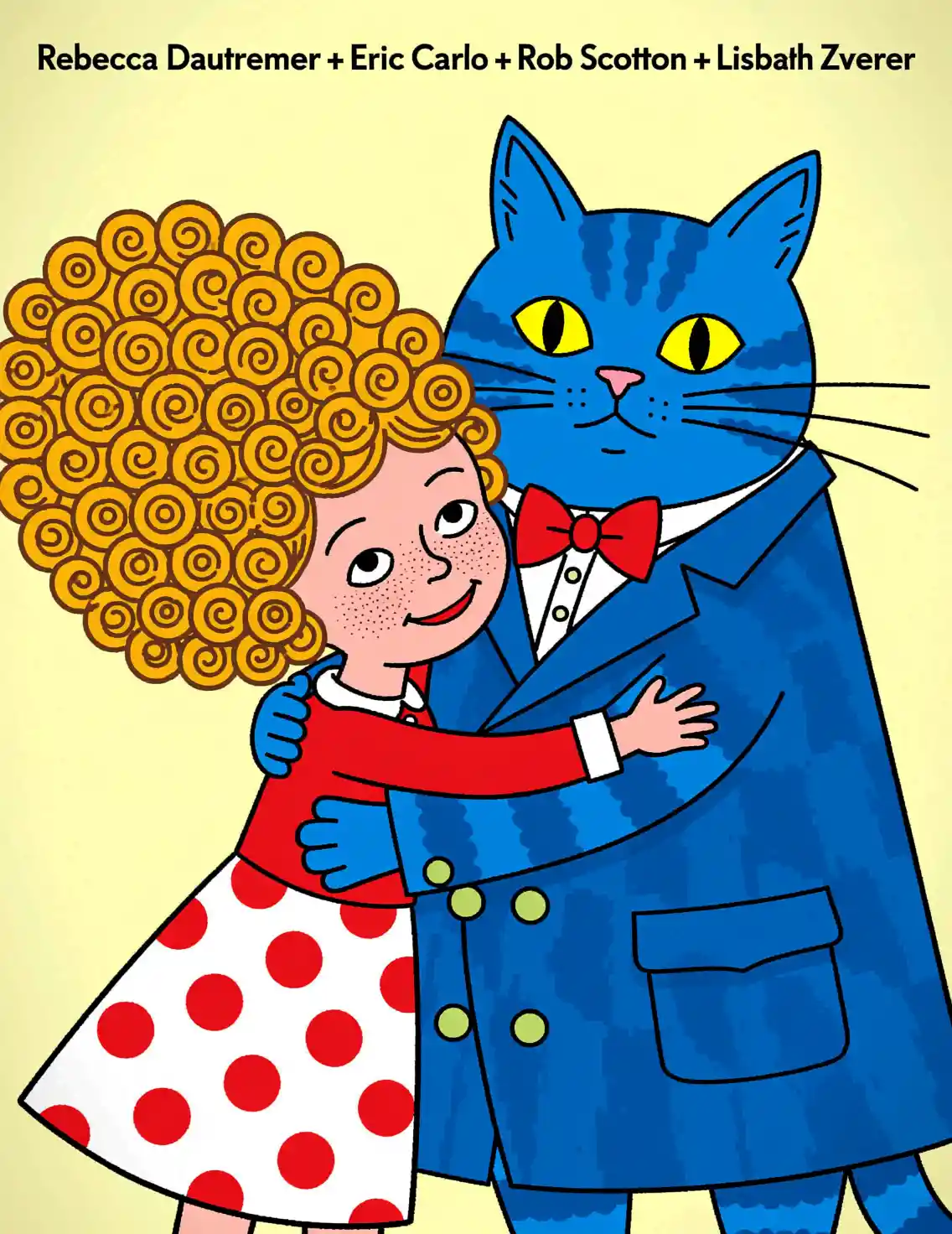 Chica pecosa abrazando a un enorme gato azul British Shorthair