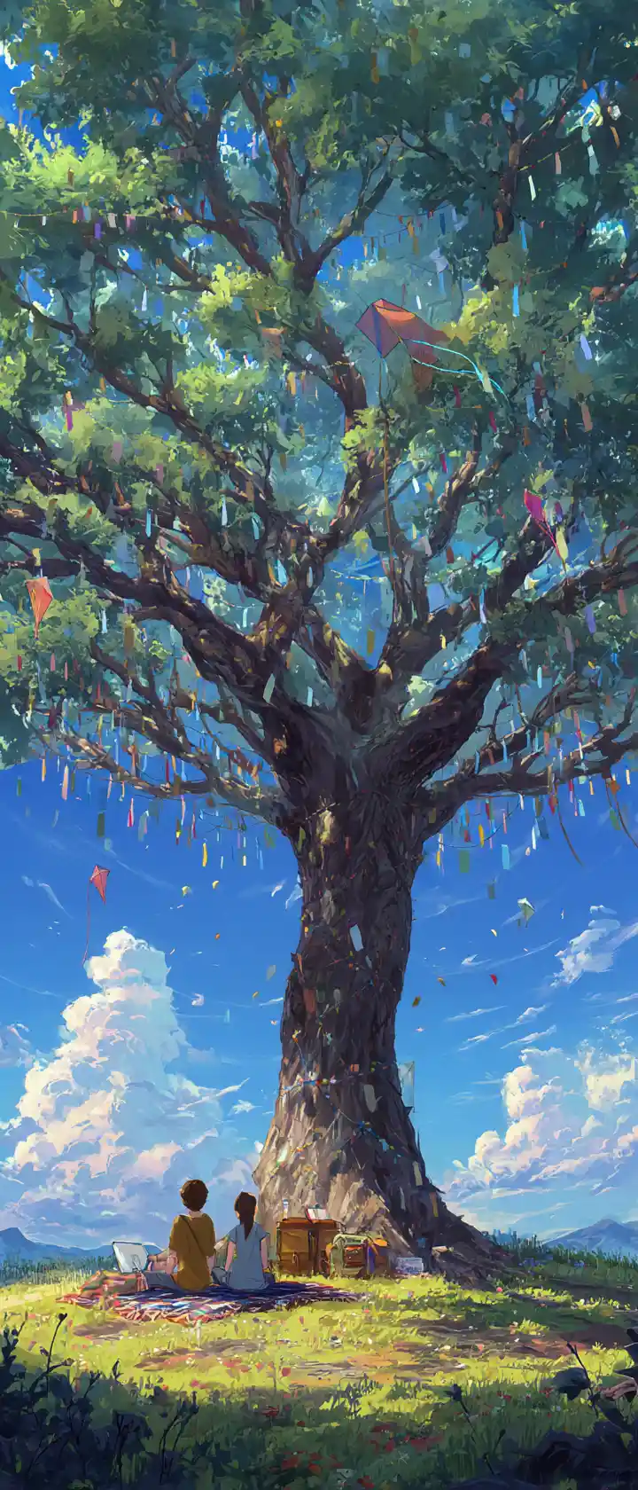 Familienpicknick unter einem riesigen herzförmigen Baum