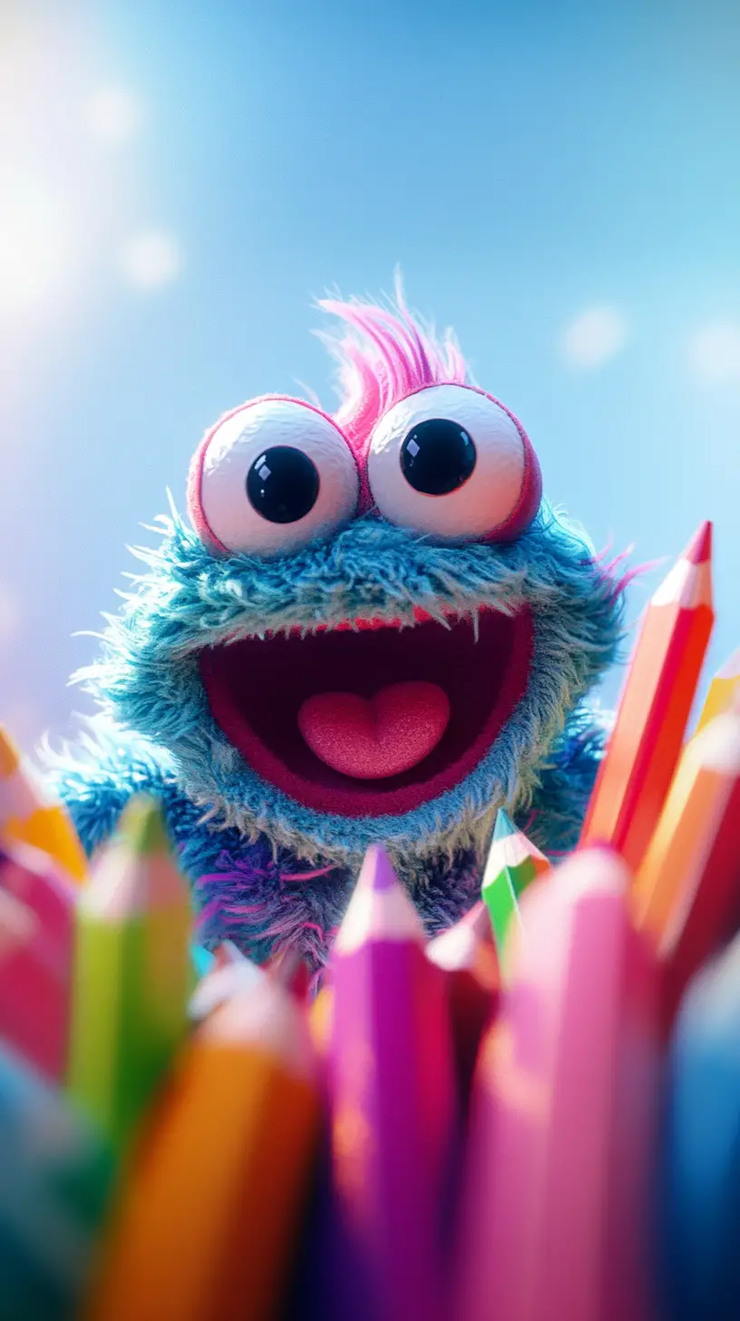 Bunter 3D-Cartoon-Muppet mit Kreis aus leuchtenden Buntstiften