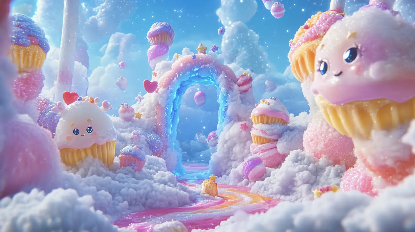 キャンディの雲と魔法の扉があるちびキャラの夢幻風景