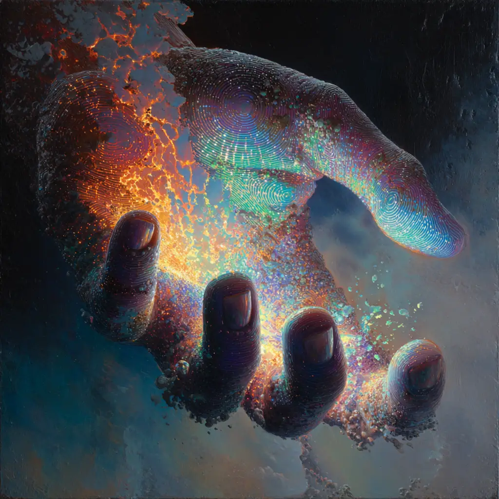 Surreal human hand with binary code and holographic skin