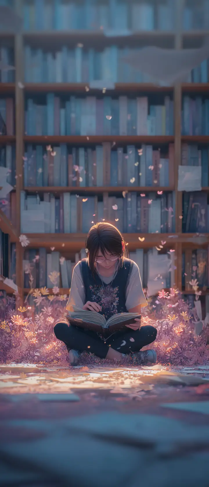 静かな図書館で、アニメ学生が光る未来の手紙を見つける