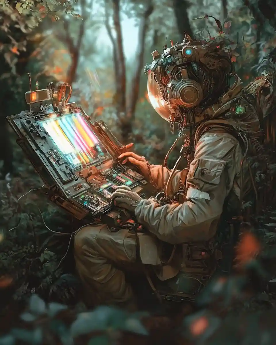 Woman studying strange instrument in tilted twilight forest