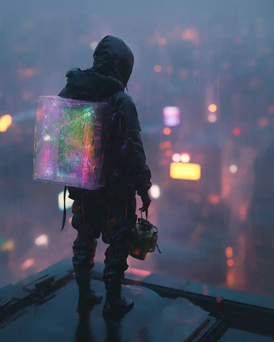 Woman On Rain Soaked Rooftop With Futuristic Fashion Object