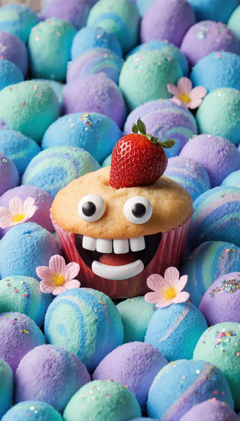 Fröhlicher Erdbeer-Cupcake in traumhaft bunten Wirbeln
