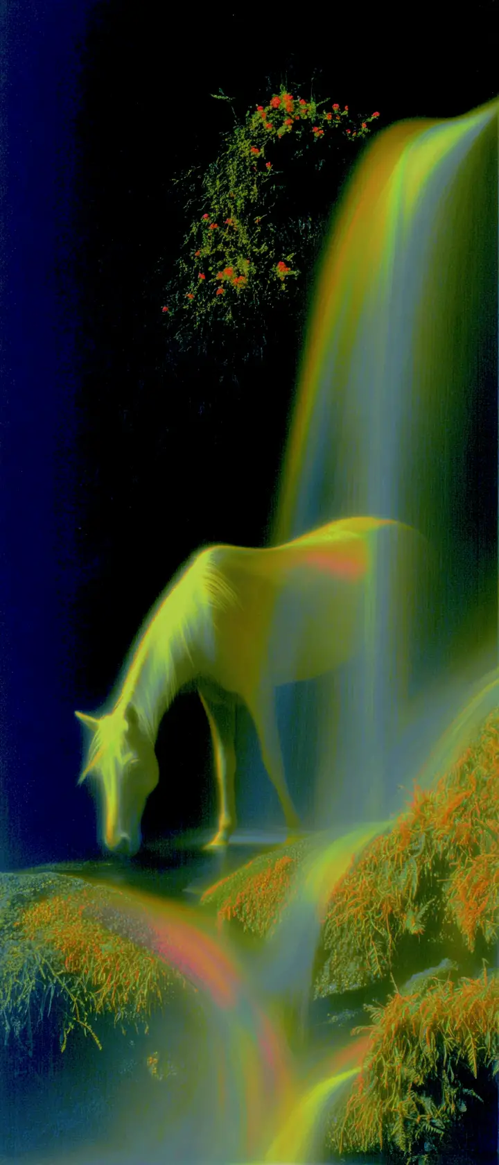 Licorne Buvant au Pied d’une Cascade Arc-en-ciel
