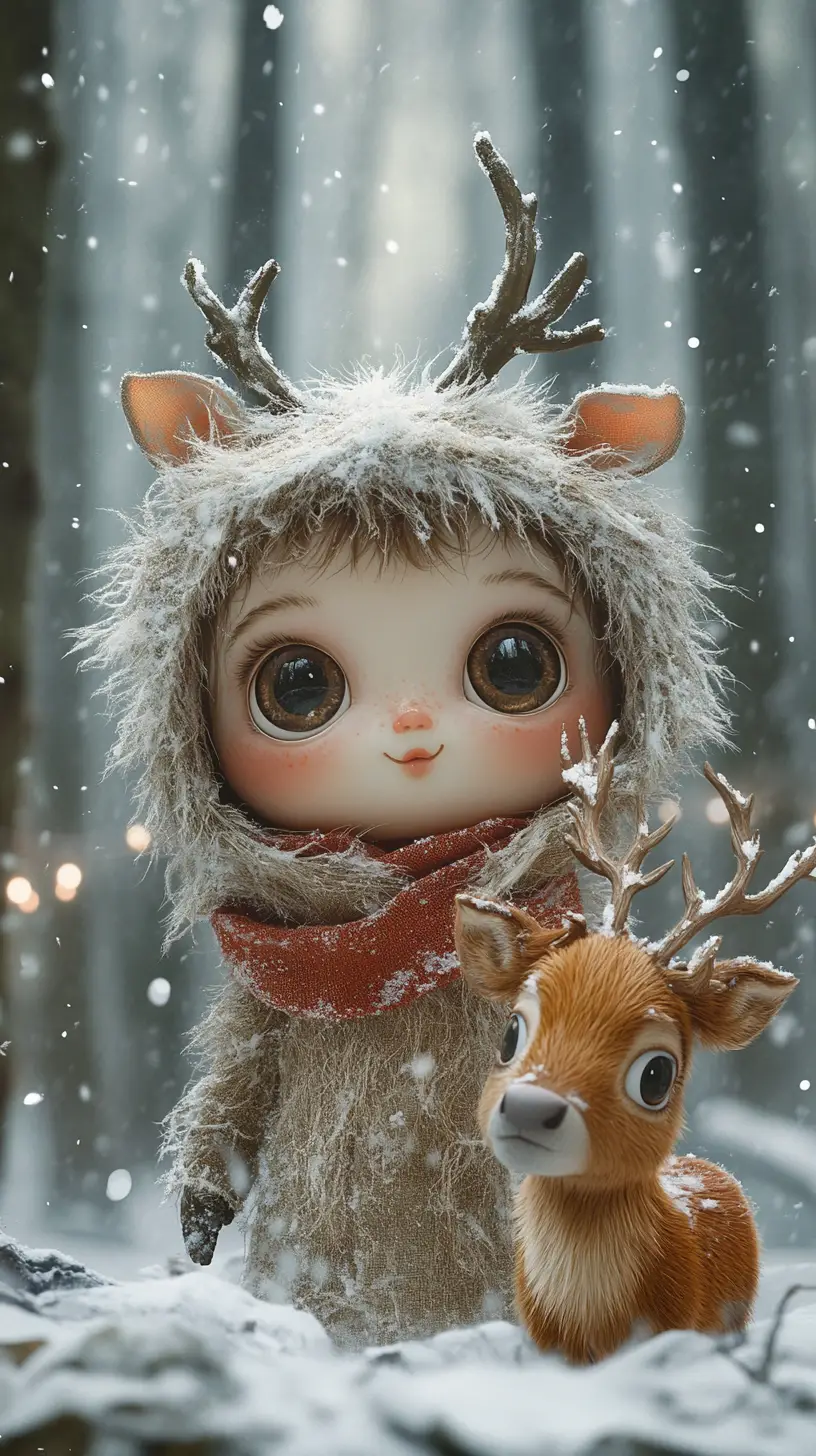 Anthropomorphes Wesen und Rentier im verschneiten Wald