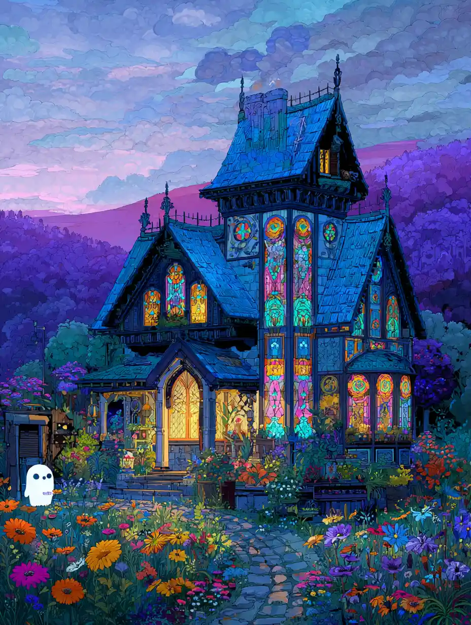 暮色中柔和發光的奇幻童話小屋
