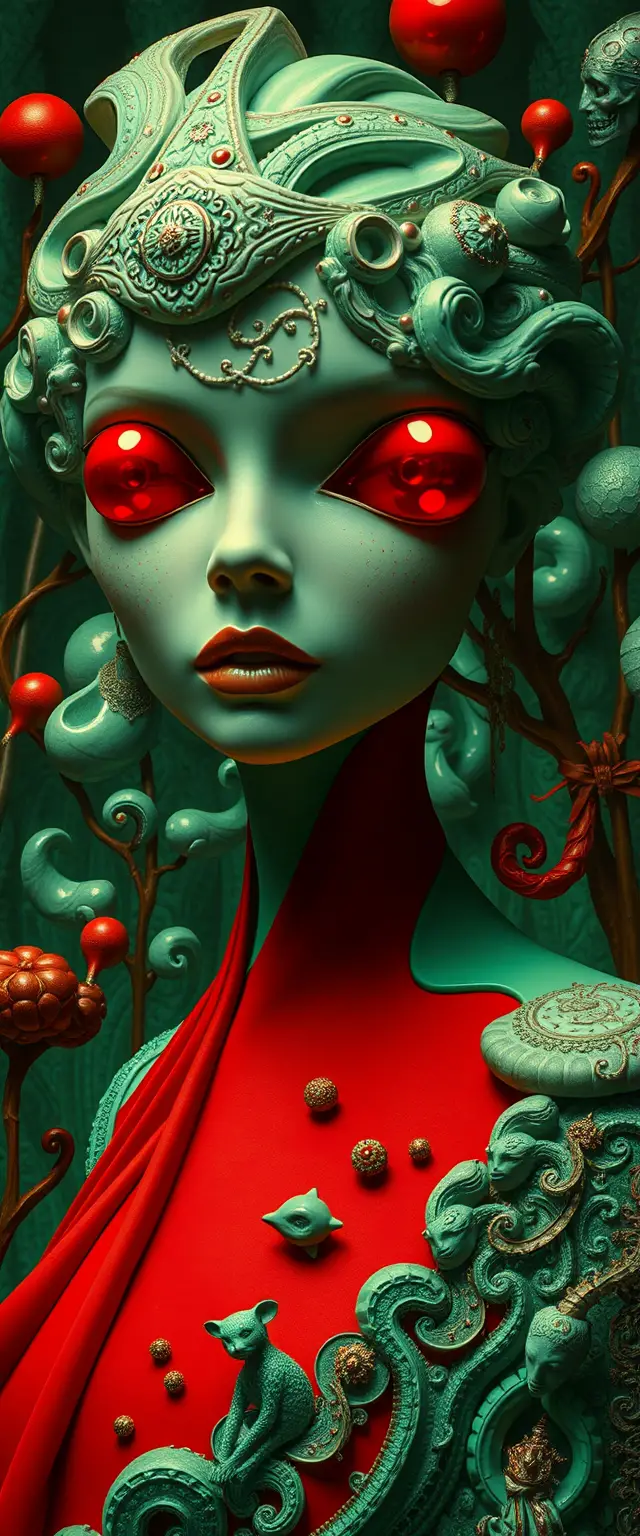 Surrealistisches grünes und rotes Porträt einer geheimnisvollen Frau