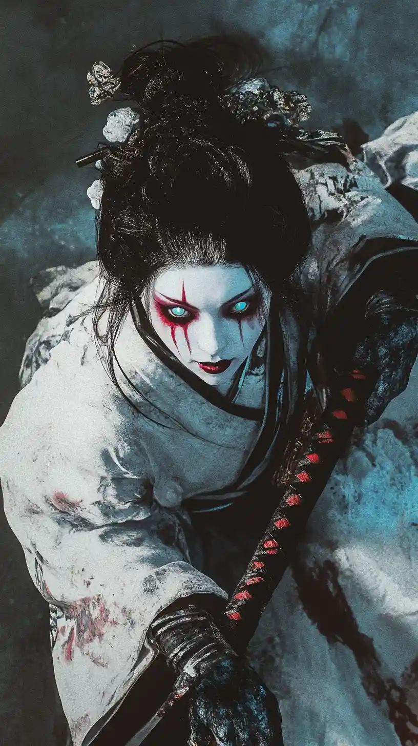 Geisha demone cyberpunk vendicativa con katana luminosa