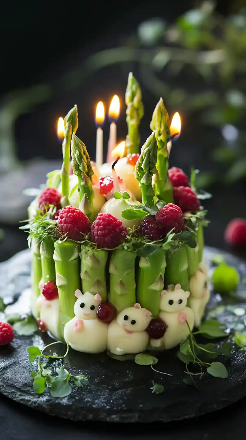 Cartoon cake with raspberries and tiny mice decoration