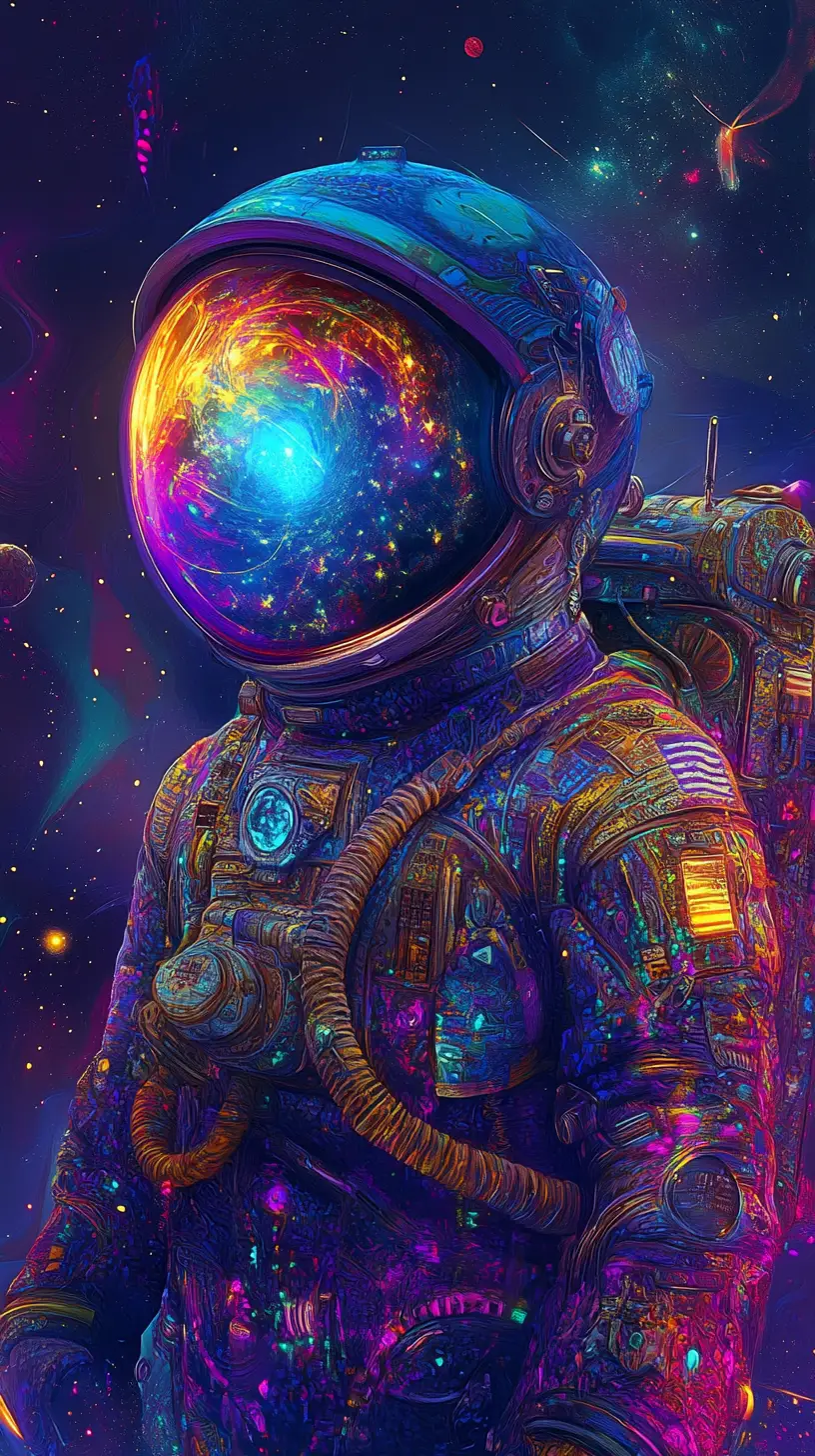 身穿絢麗紫色與金色太空服的迷幻太空人