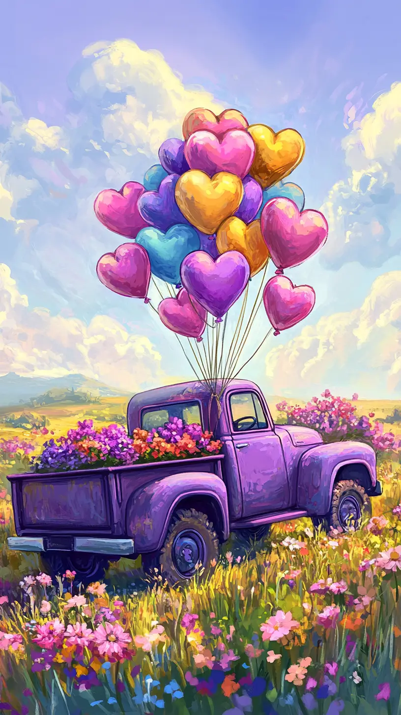 Verspielter lila Lastwagen mit Ballons im Blumenfeld