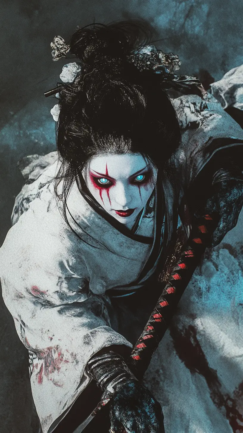 Geisha demone cyberpunk vendicativa con katana luminosa