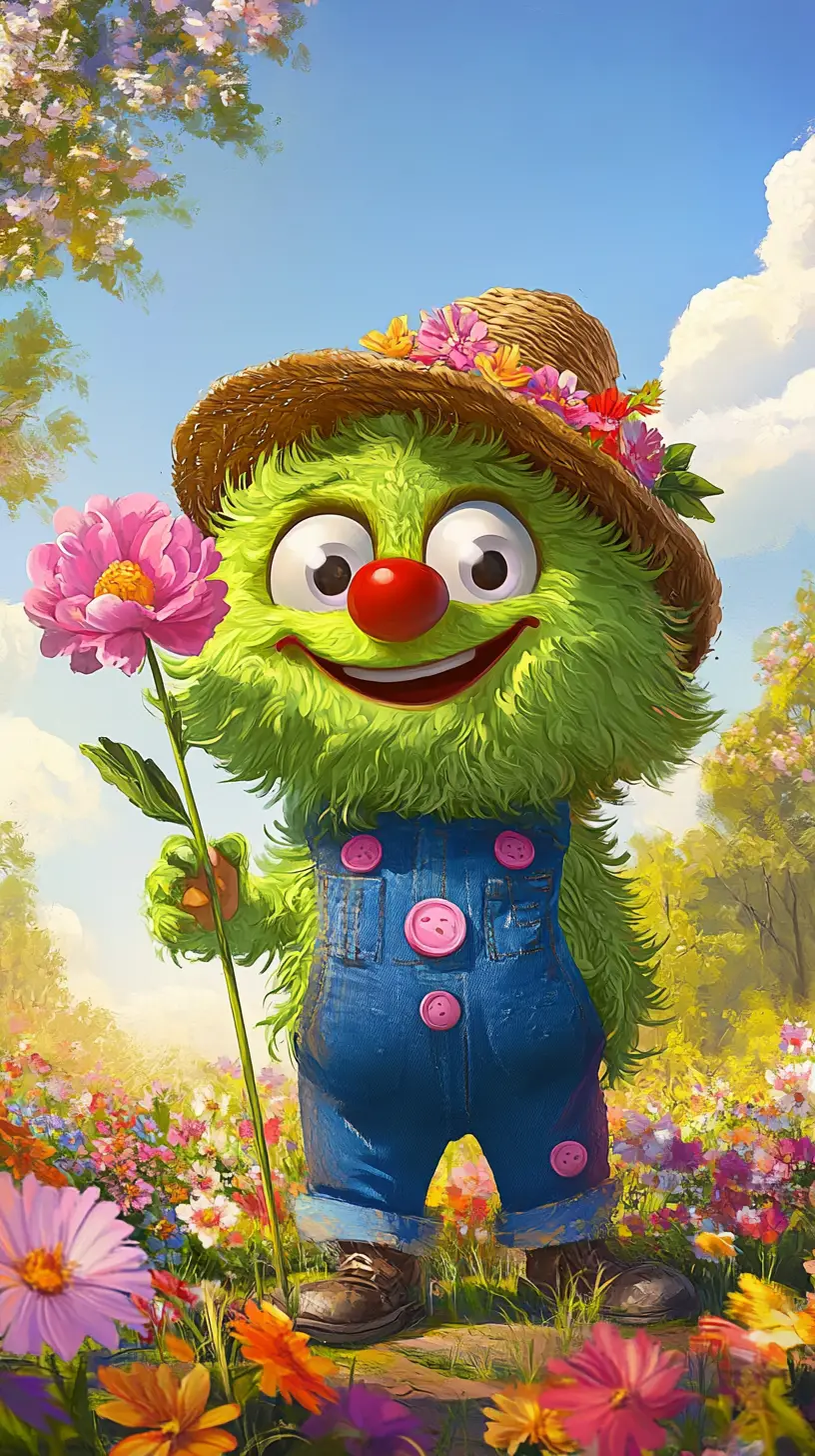 Fröhliche grüne Cartoon-Kreatur auf einer sonnigen Blumenwiese