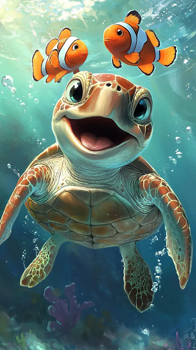Tortue de mer souriante en dessin animé avec poissons-clowns dans une scène sous-marine