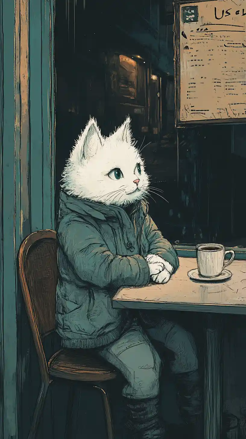 Tierno gato de fantasía descansando junto a la ventana del café de noche