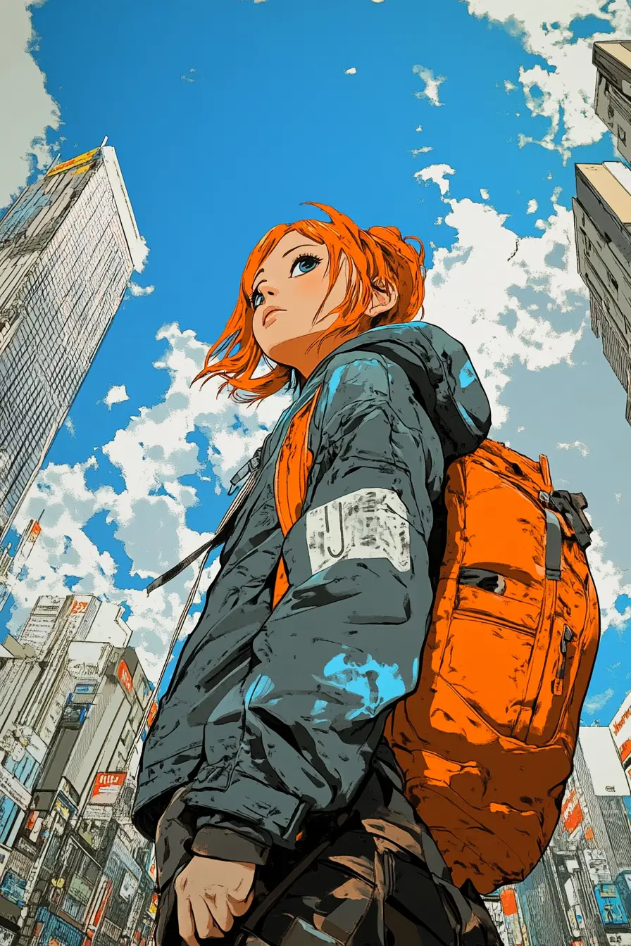 現代の街を歩く決意に満ちたアニメ女性