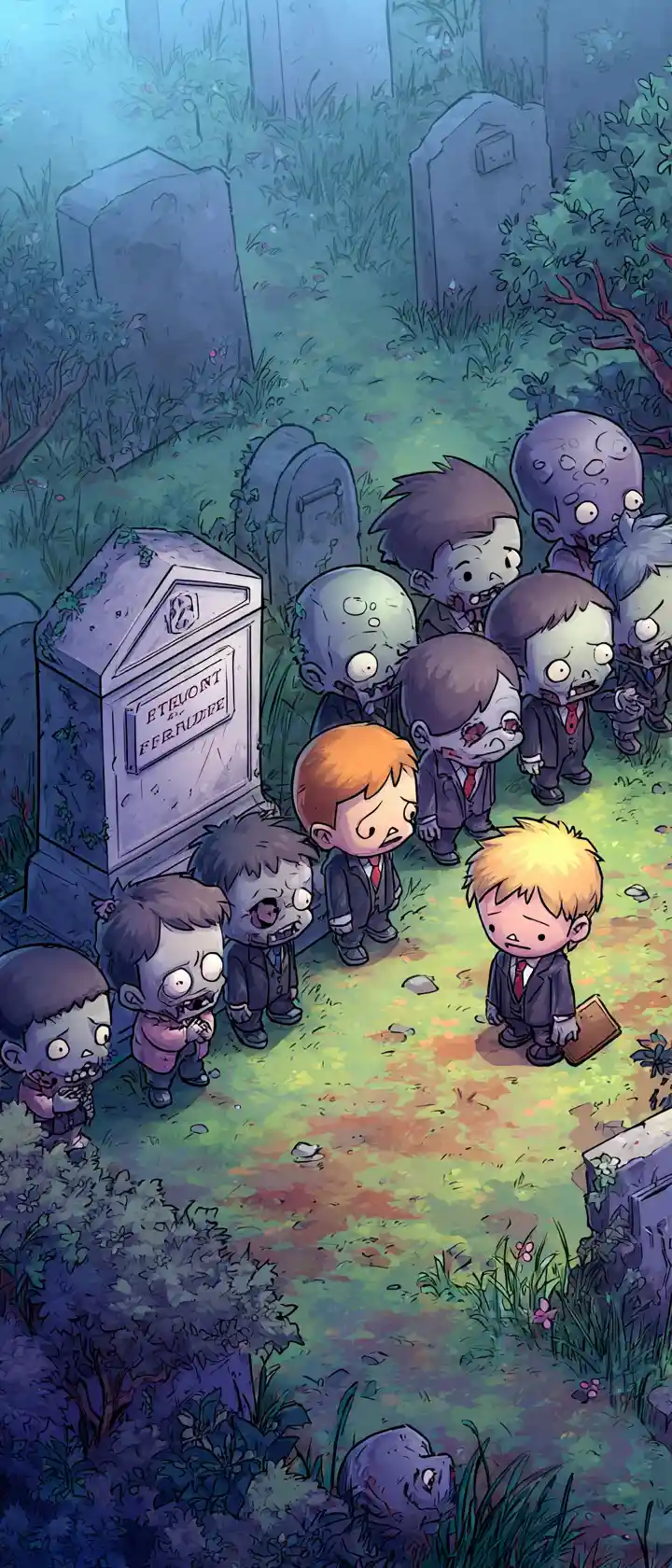Zombi chibi in fila in un adorabile cimitero all'alba