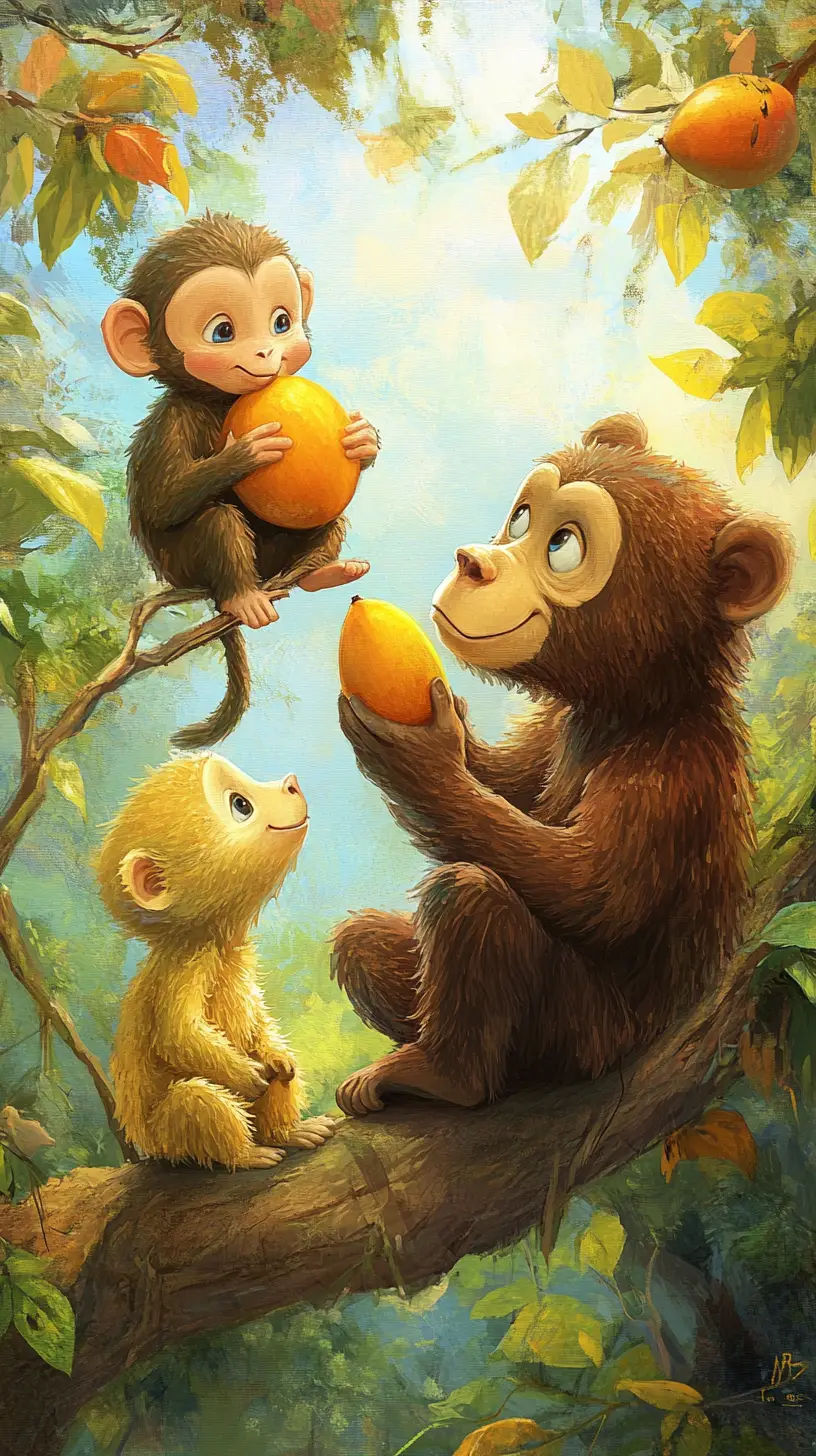 Affe isst eine Mango, während ein neugieriger Bär zusieht