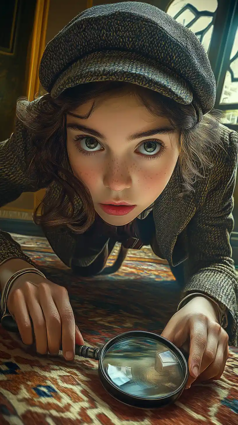 Ragazza detective che ispeziona il pavimento con una lente d’ingrandimento
