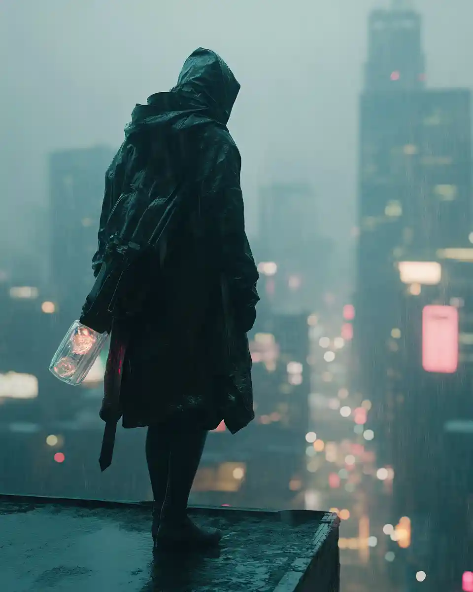 Woman in survival inspired fashion on rainy city rooftop
