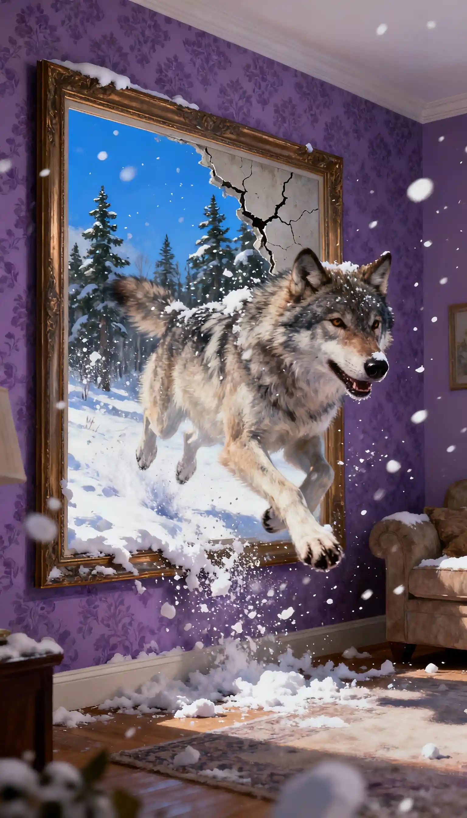 Wolf springt aus gerahmtem verschneitem Wald ins Wohnzimmer