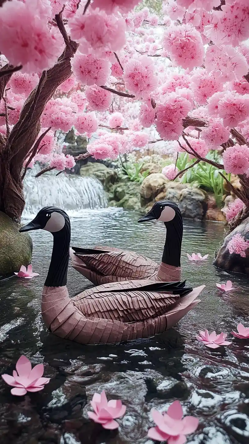 Oche canadesi di origami che nuotano in uno stagno con alberi di sakura