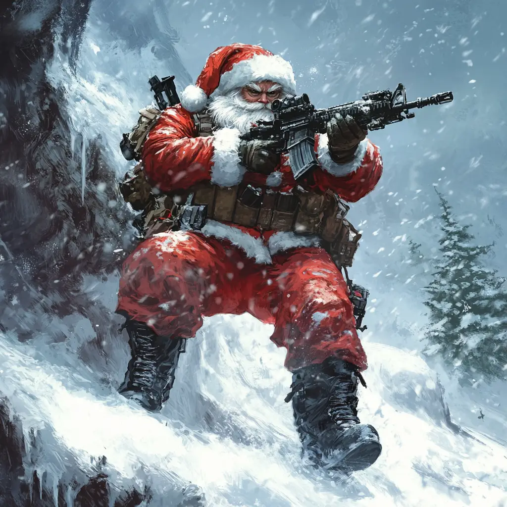 戰術聖誕老人士兵在雪地奇幻景觀中率領突襲