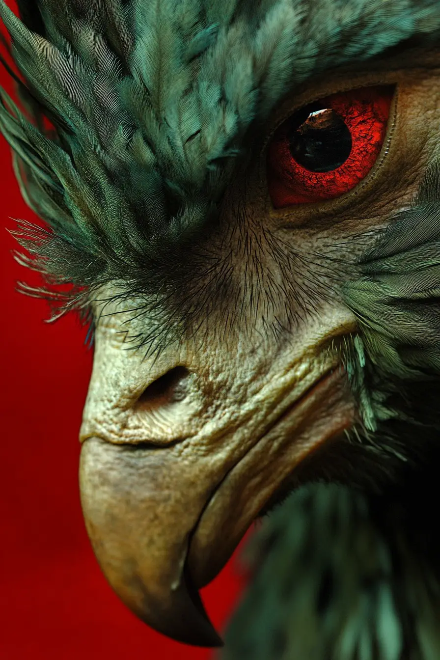 Surrealer Close-up eines infizierten Mannes mit Kondor-Merkmalen