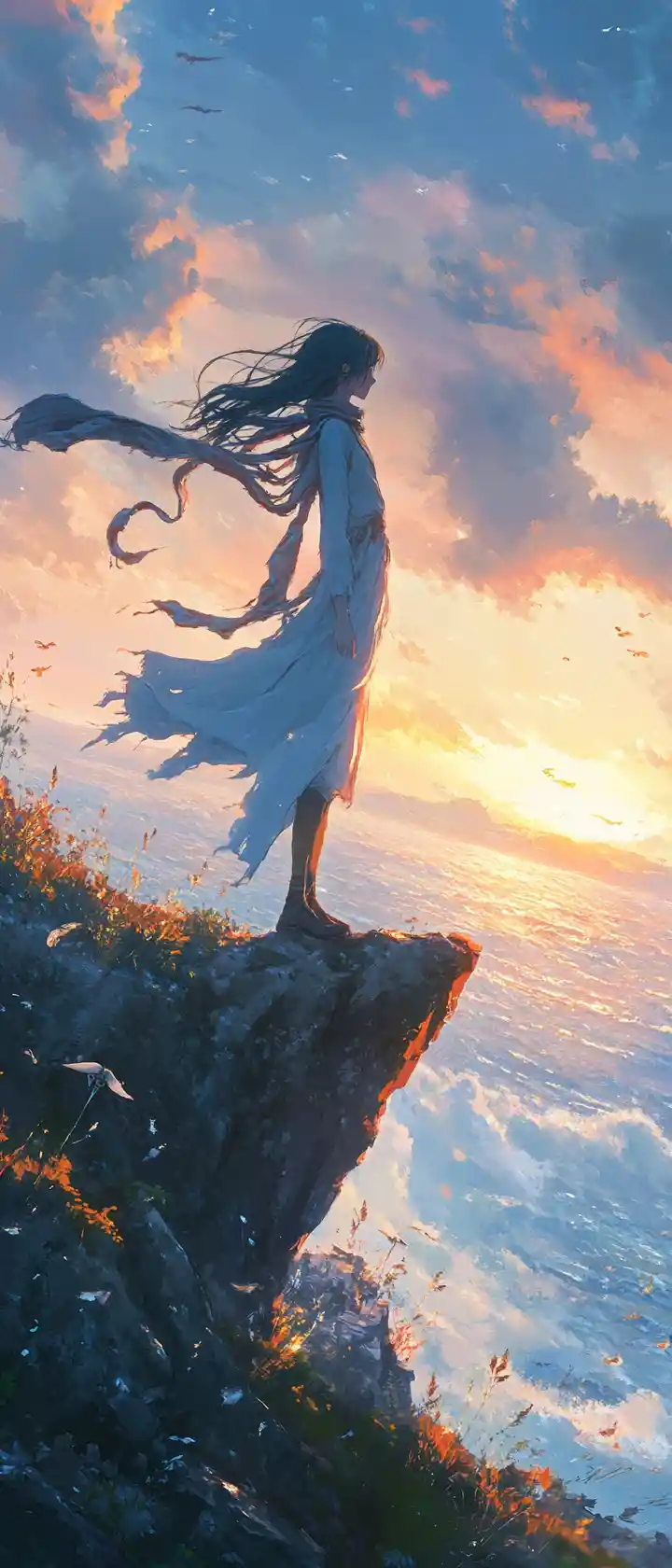 Anime-Mädchen auf einer Meeresklippe bei Sonnenaufgang mit Kompass