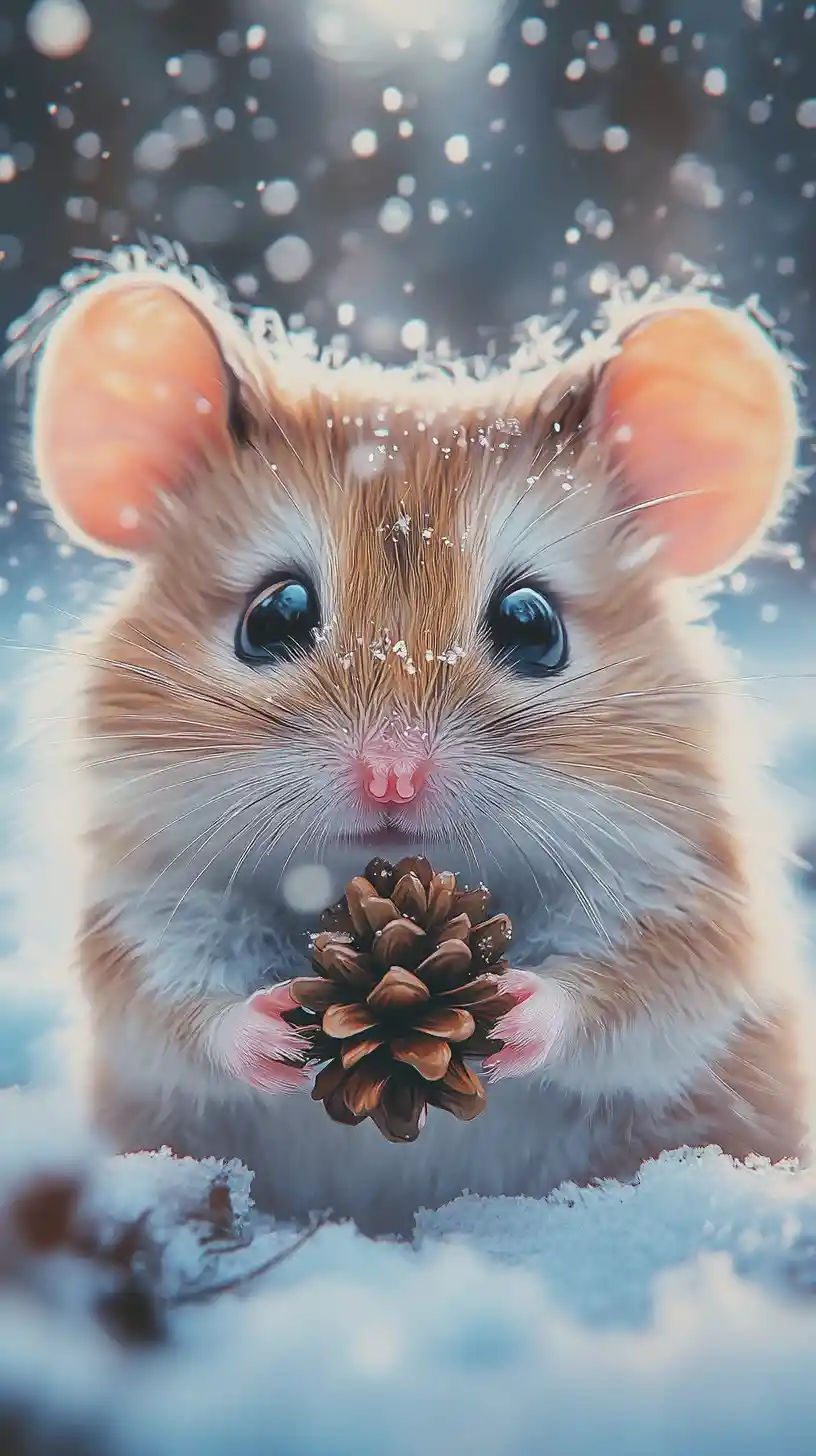 Fofinho rato de inverno segurando uma pinha na neve