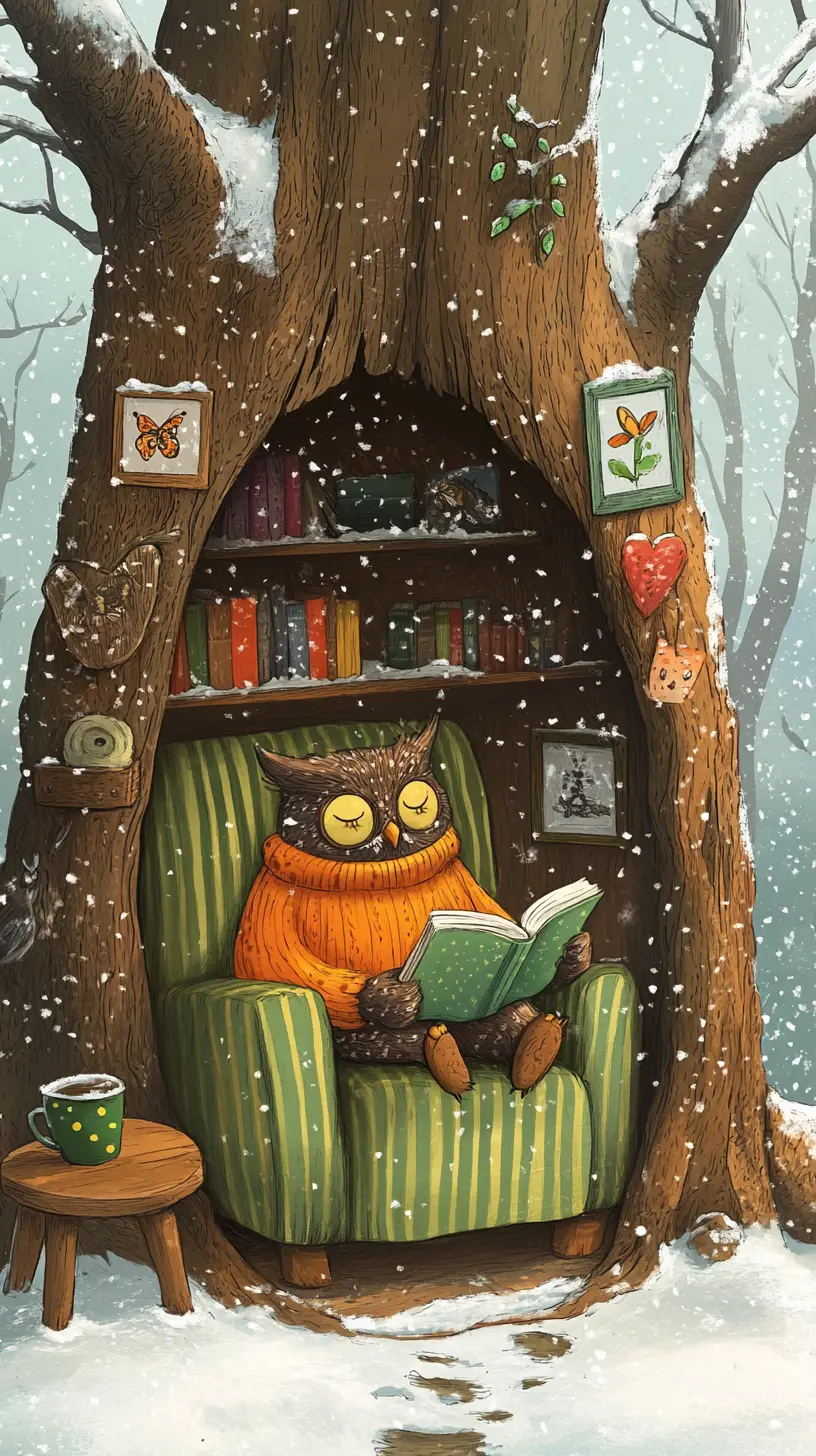 Owl Reading In A Cozy Tree Room On A Snowy Night