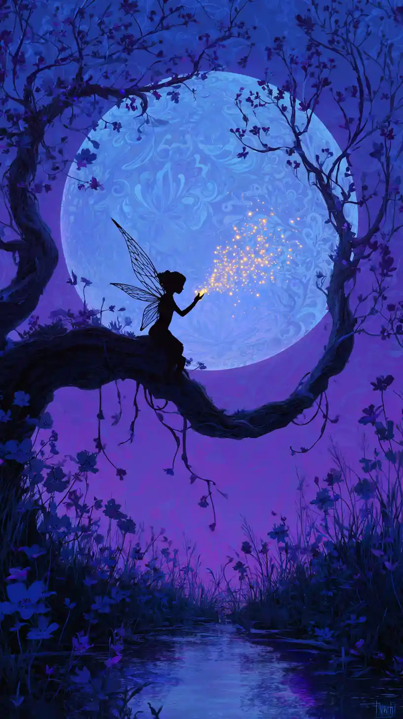 Silhouette di Fata su Albero Contorto contro la Luna Piena Incantata