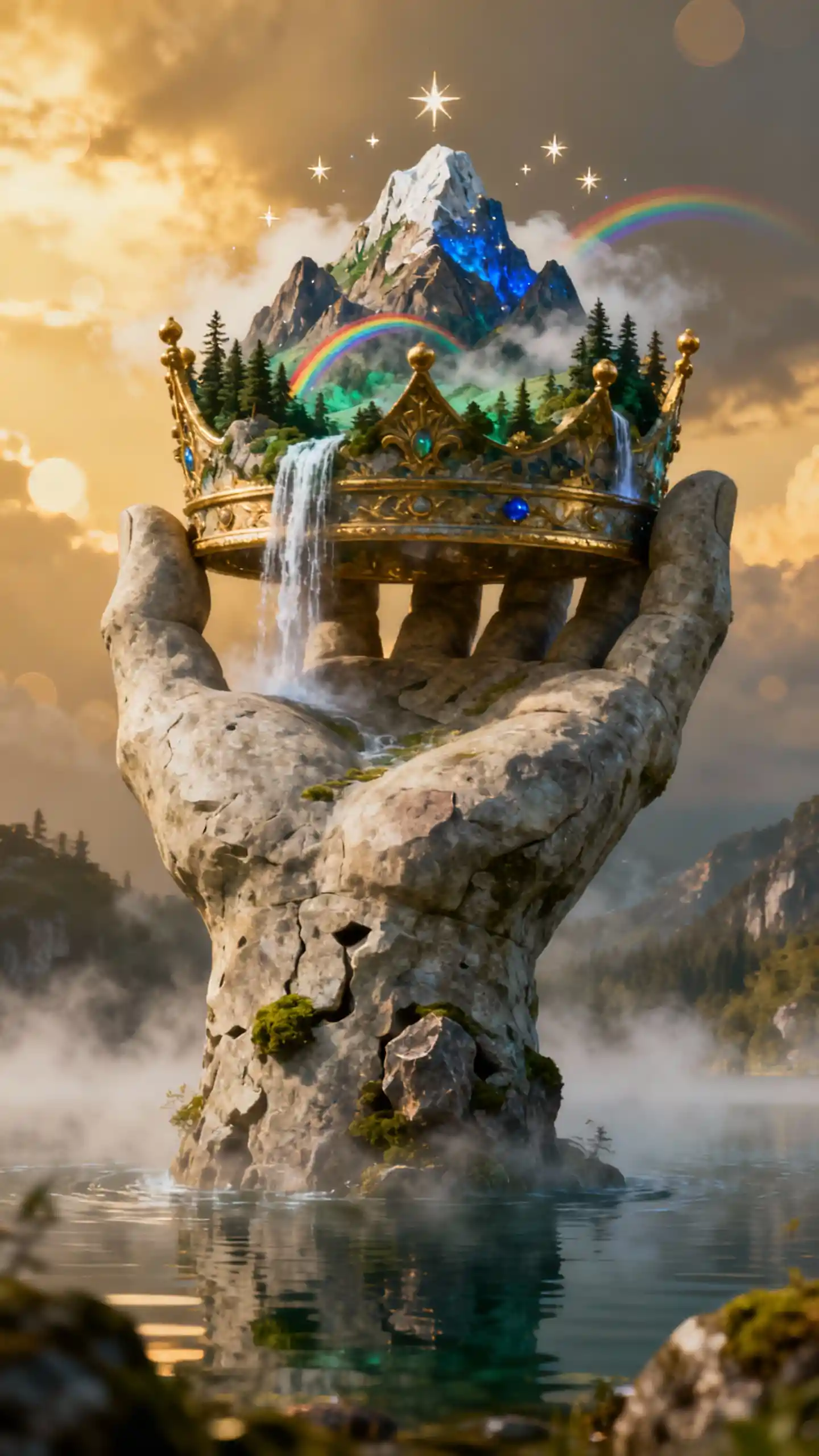 Giant Hand Rising From Lake Holding Mountain Crown