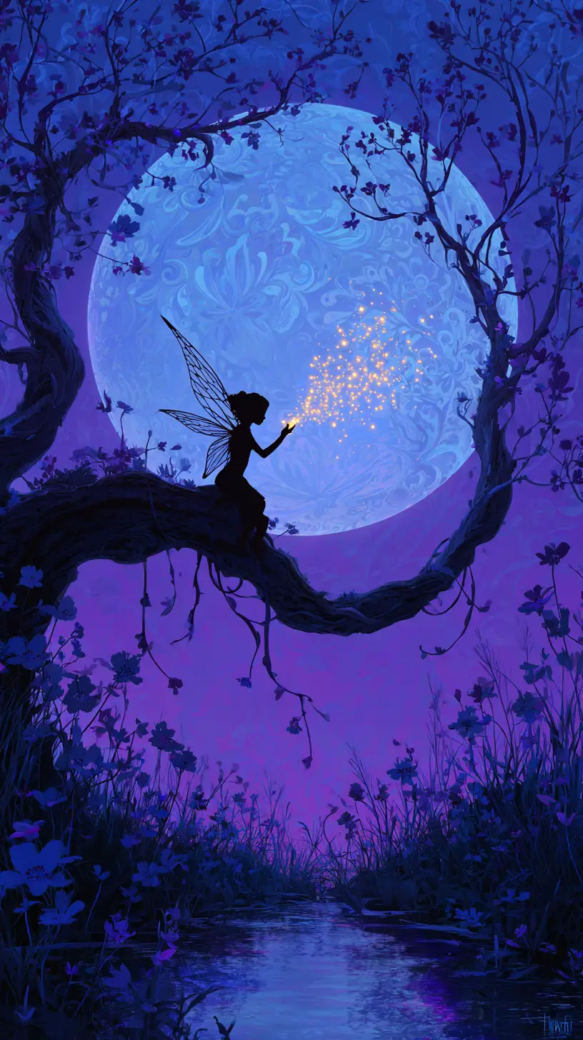 Feensilhouette auf verwundenem Baum vor verzaubertem Vollmond